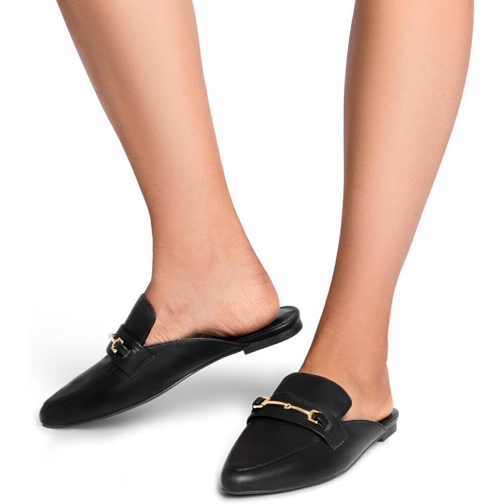 🆕Women's Black PU Buckle Mules Pointed Toe Slip-On Loafer Backless Flats - Picture 7 of 8